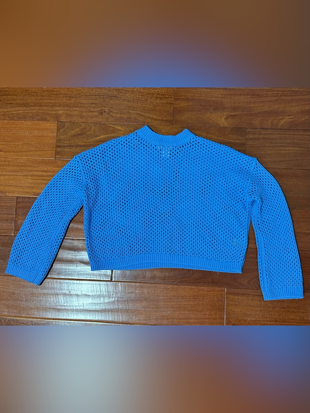 Simply Jules Women’s XS Blue Open Knit Crochet Long Sleeve Cropped Sweater